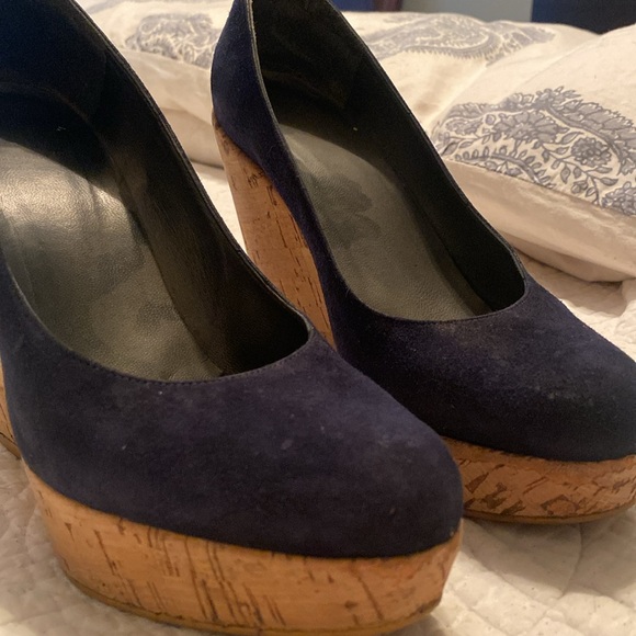 Stuart Weitzman Corkswoon Navy Blue Suede Platform Wedge - Picture 7 of 7